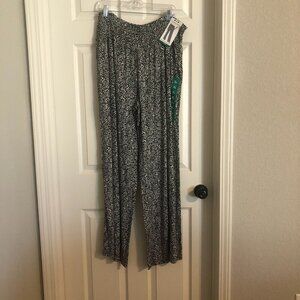 Three Dots black white chevron palazzo smocked waist wide leg pants w pockets XL
